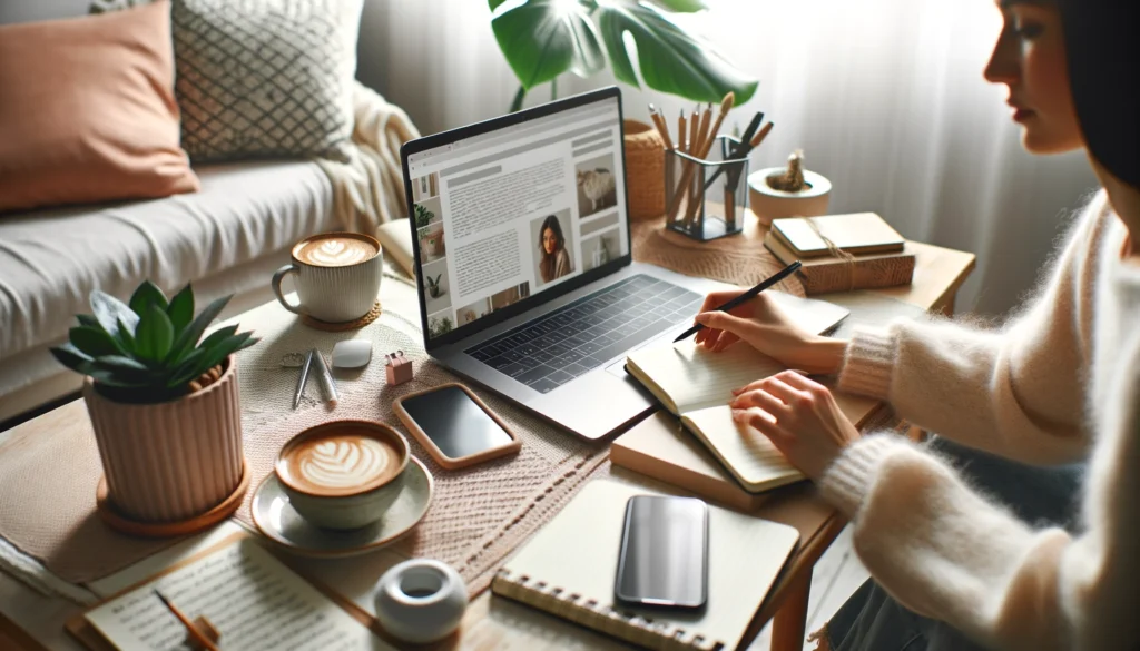 A blogger working on a laptop at a cozy desk, with a cup of coffee, a notebook, and a plant, creating content in a relaxed environment