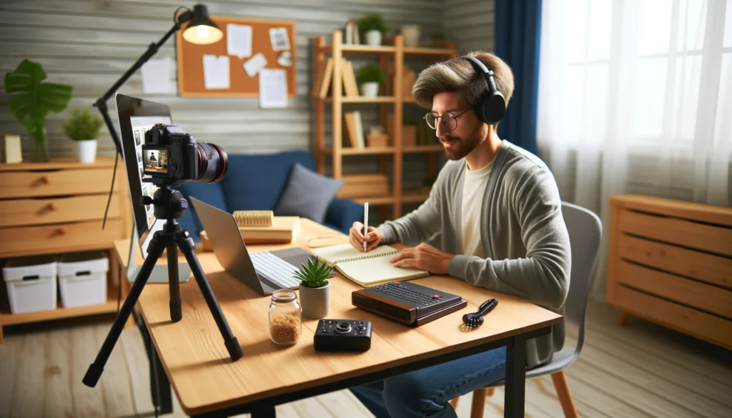 A person creating an online course, sitting at a desk with a computer, camera, and microphone, recording educational content in a well-lit home studio