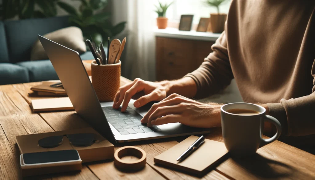 A freelancer working on a laptop in a cozy home setting with a coffee mug beside the laptop showcasing a relaxed yet productive environment