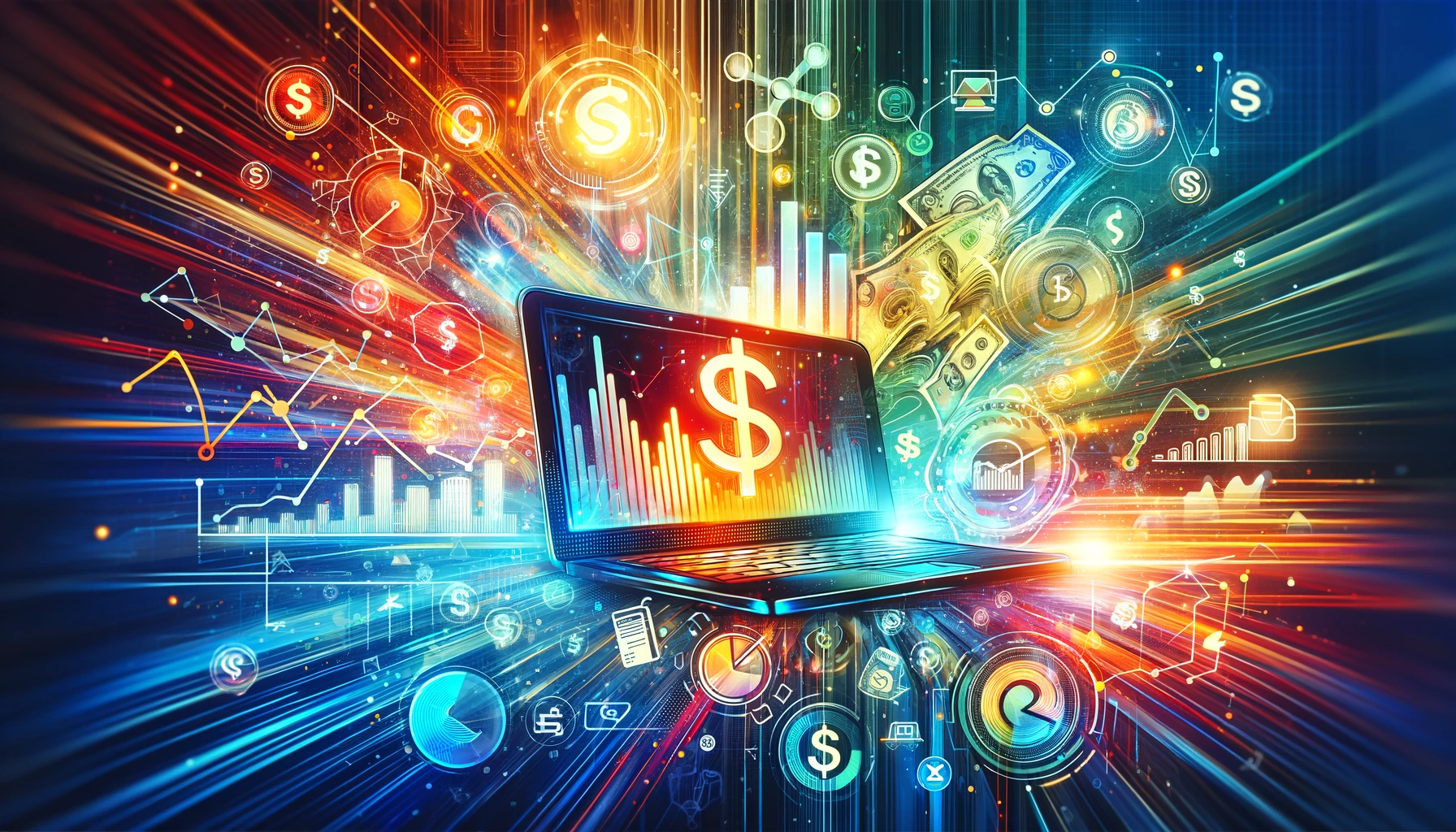 A vibrant and dynamic image representing making money online, featuring elements like a laptop, dollar signs, graphs, and icons of various online earning